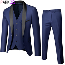 Men's Formal Business Navy Blue 3pcs Suits Shawl Collar One Button Slim Fit Elegant Suits With Pants Men Wedding Terno Masculino 2024 - buy cheap