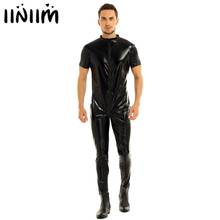 iiniim Mens Stretchy Faux Leather Short Sleeves Zipper Crotch Full Body Leotard Bodysuit Clubwear Evening Party Men Overalls 2024 - buy cheap