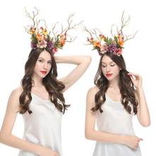 Diadema de flores de cornamenta grande para mujer, diademas de flores de ramas de Cosplay, cuerno de ciervo de bosque, vacaciones de Navidad, sombreros de fiesta para mujer 2024 - compra barato