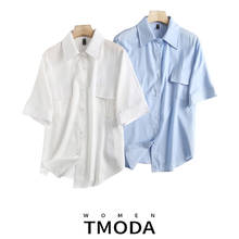 TMODA1-Camisa de manga corta de gasa para mujer, blusa azul y blanca, Tops con cuello de solapa, camisa informal con manga de murciélago, 2021 2024 - compra barato