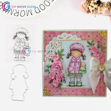 Ch menina com boinas corte de metal dados e selos diy scrapbooking cartão estêncil papel artesanato artesanal álbum cartões de casamento 2024 - compre barato