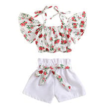 Conjunto de ropa de verano para bebé y niña, Top corto de manga acampanada con cuello de barco Floral, hombros descubiertos, pantalones cortos de Color sólido y cinturón, 3 uds. 2024 - compra barato