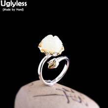 Uglyless Real Natural Jade blanco anillos flor de loto para mujeres, 925 Floral de plata anillos abiertos elegante vestido de la señora de la joyería R940 2024 - compra barato
