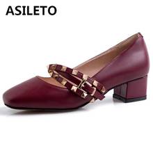 ASILETO Woman Genuine Leather Spring Autumn Elegant Pumps Square Toe 4cm Square Heels Belt Buckle Rivets Big size 33-40 S1801 2024 - buy cheap