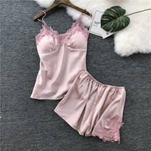 Satin Faux Silk Women Pajamas Set 2 Pieces Pajamas Suit Strap Sling And Shorts Sleepwear Cute Shorts for Female with Chest Pads 2024 - buy cheap