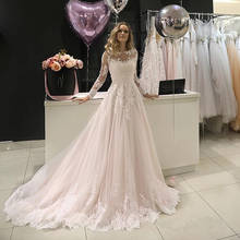 Vestido de noiva simples, mangas longas, lantejoulas, renda, blush, tule, transparente 2024 - compre barato