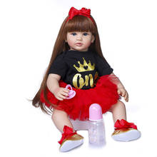 Muñeca de bebé Reborn de 60cm, juguete de vinilo de silicona, con pelo largo liso y marrón 2024 - compra barato