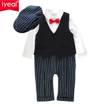 Iyeal bebê menino terno roupas conjunto 3 peças infantil smoking manga longa cavalheiro macacão de casamento & colete casaco & boinas chapéu 2024 - compre barato