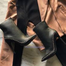 Botines puntiagudos de cuero con tachuelas para mujer, botas cortas de tacón alto fino con remaches, talla grande 46, para primavera y otoño 2024 - compra barato