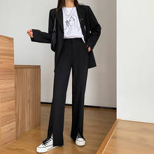 Calça feminina, nova moda 2021, terno com fenda frontal, calças largas, soltas, cintura alta, preta 2024 - compre barato