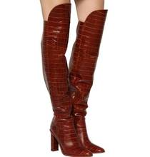 Moraima Snc Fashion Crocodile Pattern Leather Woman Boots Runway Pointed Toe Thick Heels Knee High Boots Woman Long Boots 2024 - buy cheap