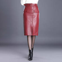 2018 Fall Winter Fashion Elegant Woman Placket High Waist Wine Red Pencil Pu Leather Skirt , Autumn  Female Women 4xl Skirts 2024 - buy cheap