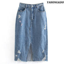 ZA 2021 Fashion Women Blue Denim Short Skirt Front  Split Vintage Ladies Elegant Chic Mid Skirts New 2024 - buy cheap