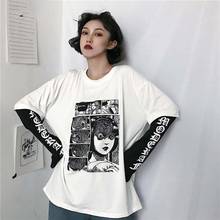 Camiseta Harajuku con estampado de dibujos animados para mujer, ropa urbana a la moda, camisetas de manga larga con cuello redondo, Tops 2020 2024 - compra barato