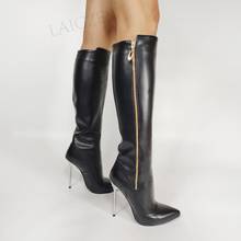 LAIGZEM Women Knee High Boots Metal Stiletto Heels Faux Leather Boots Side Zip Ladies Shoes Woman Bota Feminina Size 34 38 39 43 2024 - buy cheap
