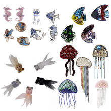 Handmade Beaded Rhinestone Sea Horse Seashell Jellyfish Fish Patch DIY Crystal for Clothes Bag Sew on Applique Decorative 2024 - buy cheap