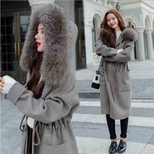 80% Cashmere Casual Loose Raccoon Fur Collar Mid-length Wool Coat Winter Hooded Belt Ladies Temperament Fashion Jacket 2024 - buy cheap