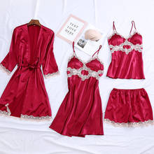Lisacmvpnel Sexy Pajamas Women Ice Silk Four-piece Suit  Autumn With Chest Pad Pyjamas 2024 - buy cheap