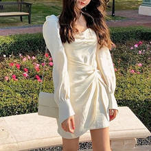 Females Korean Style 2021 Summer Long Sleeve Mini Dress Women Square Collar Elegant Vingate Dress Sexy Evening Party White Dress 2024 - buy cheap