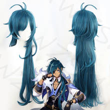 Genshin-peruca de fantasia sintética masculina kaeya, peruca de 80cm de comprimento, cor azul-de-tinta, resistente ao calor, para cosplay de anime, halloween 2024 - compre barato