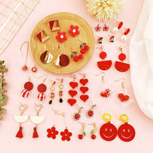 Versión coreana de fresh ins, pendientes de perlas con borla roja de viento, flores de temperamento, pendientes rojos de red de amor, pendientes 2024 - compra barato