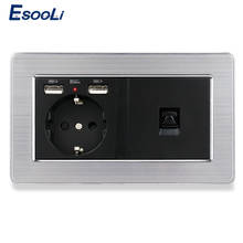 ESOOLI-Panel de acero inoxidable, enchufe estándar europeo con 2 puertos de carga USB + 1 banda RJ11, Conector de teléfono de 2 núcleos, toma de corriente eléctrica 2024 - compra barato