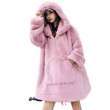 Feminino jaqueta de inverno com capuz gola feminina jaqueta de pele de coelho falso casaco feminino quente grosso de pelúcia longo solto casaco de inverno 2024 - compre barato