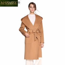 Abrigo elegante de lana con capucha para mujer, ropa Coreana de Cachemira de doble cara, Chaqueta larga de lana + cinturón A028 2024 - compra barato