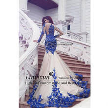 Sexy 2020 New Arrival Scoop Neck Long Sleeve Royal Blue Lace Evening Dresses Mermaid Lace Tulle Court Train Prom Dresses 2024 - buy cheap