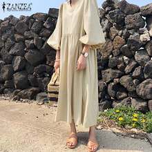 ZANZEA Autumn Women Casual Loose Dress V-Neck Puff Sleeve Sundress Long Maxi Solid Bohemian Vestidos Ruffle Robe Femme Plus Size 2024 - buy cheap