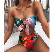 Bikini Bandeau brasileño de cintura alta para mujer, bañador Bandeau con nudo, ropa de baño con estampado de colores, traje de baño Sexy Push, ropa de playa 2021 2024 - compra barato