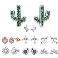 BISAER 925 Sterling Silver Bird Plane Bowknot Cactus Butterfly Small Stud Earrings for Women Brincos Fashion 2019 Argent Bijoux 2024 - buy cheap