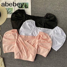 Women Boho 2021 Blouse Korean Retro Square-Collar Puff Sleeve Slim Tops Spring Sexy Streetwear crop Print Short Blouses 2024 - buy cheap