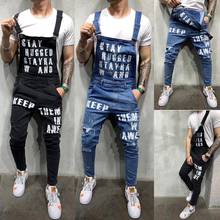 New Distressed Jeans Men with Printed Letters Holes Streetwear Denim overalls Jeans Black Blue Bib Male Pants Stretched Trousers 2024 - buy cheap