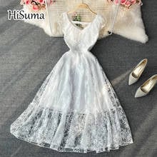 2021 summer new women v-neck embroidery blackless ruffles flying sleeves lace A-line dress female Chic elegant party dresses 2024 - buy cheap