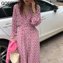 QOERLIN Mid-Length Dress Women Korean Chic Spring Gentle Sweet V-neck Flower Lace-Up High Waist Long Sleeve Long Dress Female 2024 - buy cheap