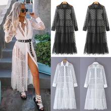 Women Polka Dot Sheer Mesh Maxi Long Dress Lapel Collar Button Down Cover Ups 2024 - buy cheap