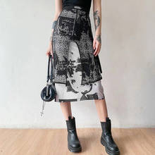Streetwear Mall Gothic Aesthetic Punk A-Line Women Midi Skirts Lace Patchwork Grunge Black Skirt Alternative Clothing Summer Emo 2024 - buy cheap