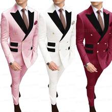 Gold Buttons Double Breasted White Suit Men Gentleman Tuxedo Wedding Groom Dress Suit Black Velvet Lapel Blazer with Pants Set 2024 - buy cheap