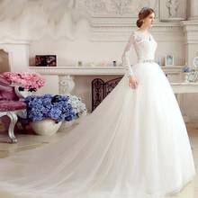 Бальное платье с длинным рукавом и открытой спиной, свадебное платье из тюля, 2020, винтажное свадебное платье принцессы с v-образным вырезом, украшенное бисером и поясом 2024 - купить недорого