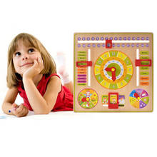 Relógio infantil de madeira com desenho, brinquedo educacional para crianças, com calendário cognitivo e data, aprendizado inicial 2024 - compre barato