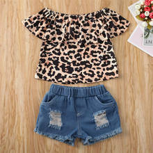 1-6Y Summer Kids Baby Girl Clothes Sets Off-Shoulder Leopard Print Tops+Denim Shorts Clothes 2024 - buy cheap