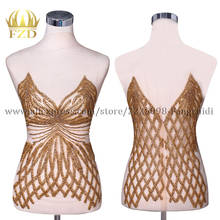 FZD 1 Set Gold colro front&back Rhinestones V-neck Patches for Wedding Dresses, DIY Decorative Clothes Applique 2024 - buy cheap