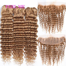 FEELME Brazilian Deep Wave Bundles With Frontal #27 Honey Blonde Human Hair Bundles With Closure 13x4 Lace Frontal Bleached Knot 2024 - buy cheap