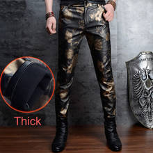 Winter Men Leather Pants Fashion Slim High Quality Floral Printed Zipper Waterproof Biker Thick Fleece Men Faux Leather Trousers 2024 - buy cheap