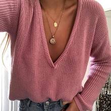 Women Sweaters Solid Color Long Sleeve Deep V Neck Sweaters for Women Knitted Jumpers Top Women Sweaters Knitwear pull femme 2024 - buy cheap