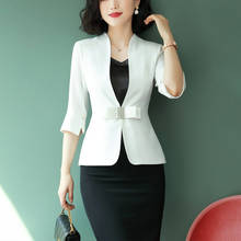 Blazer feminino para escritório, primavera verão, branco, preto, faixas da moda, meia manga dividida, elegante, trabalho 2024 - compre barato