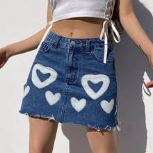 2021 Women Heart Print Mini A-line Skirt High Waist Wild Casual Sexy Frayed Hem Stylish Denim Pencil Skirts Female 2024 - buy cheap