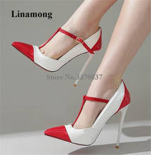Linamong-zapatos de tacón de aguja para mujer, calzado elegante con punta puntiaguda, de charol, colores mezclados, con correa en T, zapatos de vestir formales 2024 - compra barato