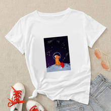 Space Animals Graphic Short Sleeve Round Neck T-shirt Little Fox Looking Up At The Stars Printed 2021 New Tshirt Women's 2024 - buy cheap